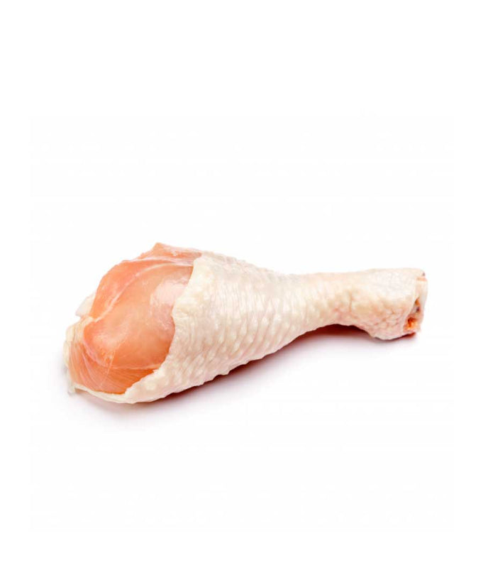 Unidad de muslo de pollo o colombina de pollo fresco, muestra visual, color blanco y pálido color piel